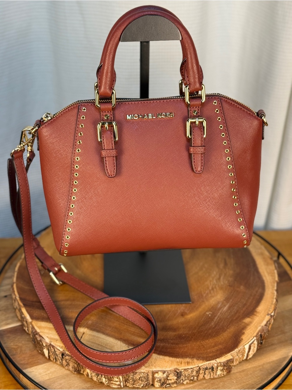 Michael Kors Ciara Grommet Brick Red Saffiano Leather Satchel Crossbody Bag EUC - Picture 3 of 16